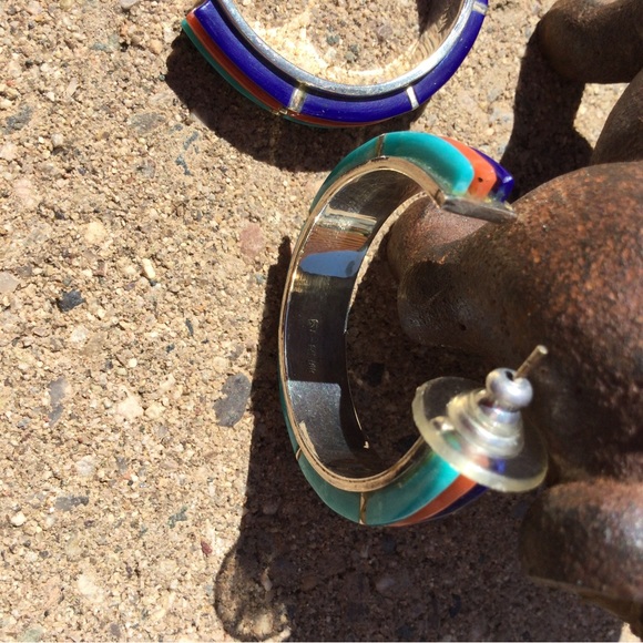 Vintage Native American - Turquoise, Coral & Lapis - Hoop Earrings - Picture 12 of 16